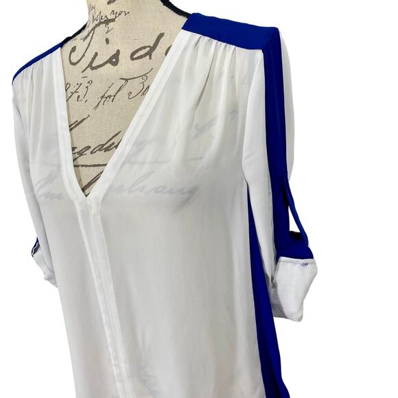 BCBGMAXAZRIA Alaine Top Blue White Stripe Roll-Tab Tunic Blouse Small - Picture 2 of 9